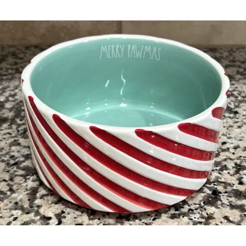 New Rae Dunn Pet Dog Bowl Red White Candy Cane Stripe Merry Pawmas Xmas 6.5x3.5